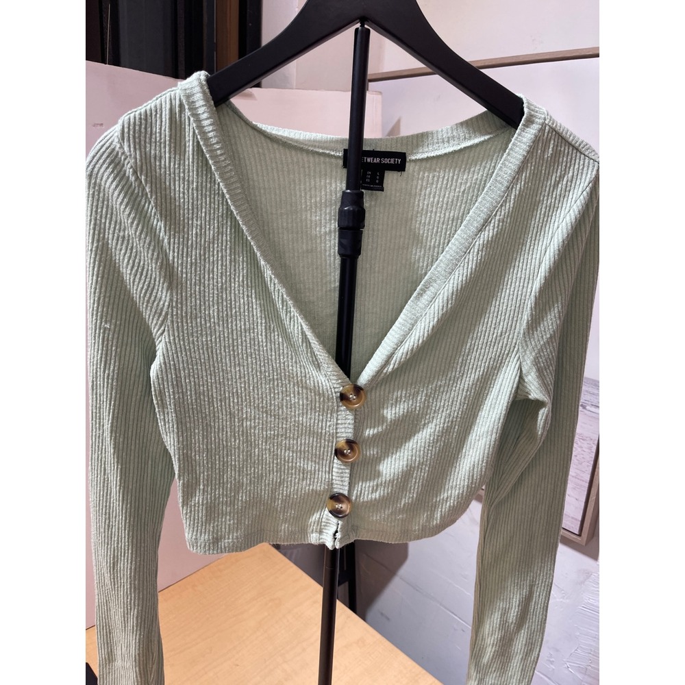 Streetwear Society Sage‎ Green Ribbed Knit Cropped Cardigan V-Neck Large
